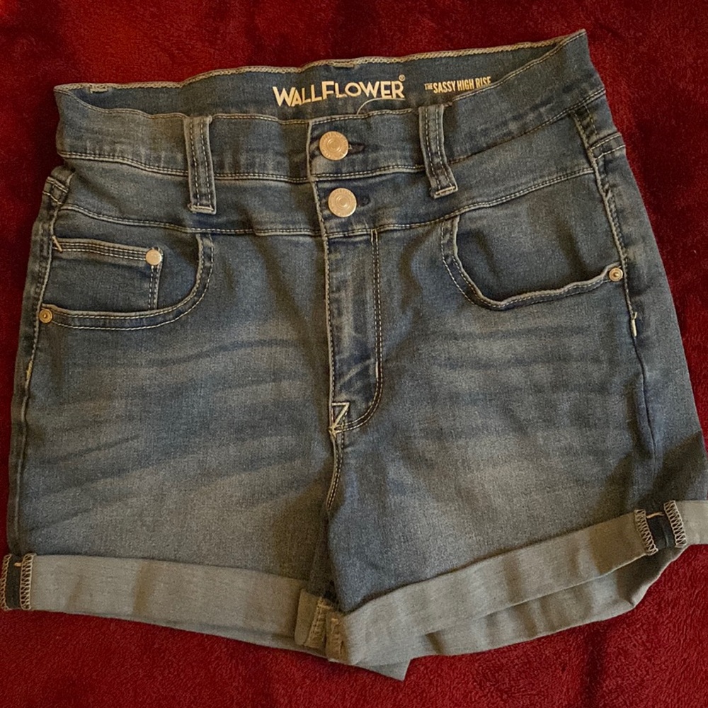 High rise wallflower blue jean shorts.